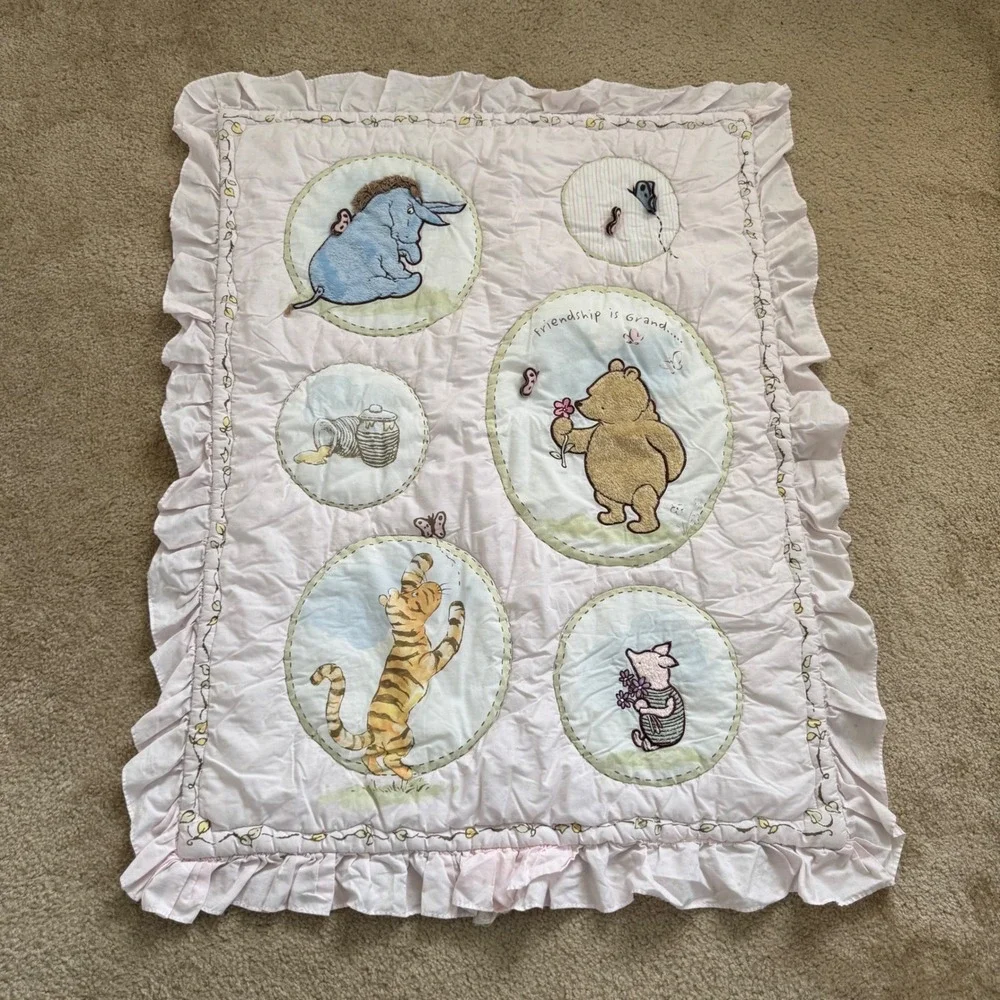 Vintage 90's Disney Classic Pooh Baby Quilt Pink Ruffled Blanket Winnie the Pooh